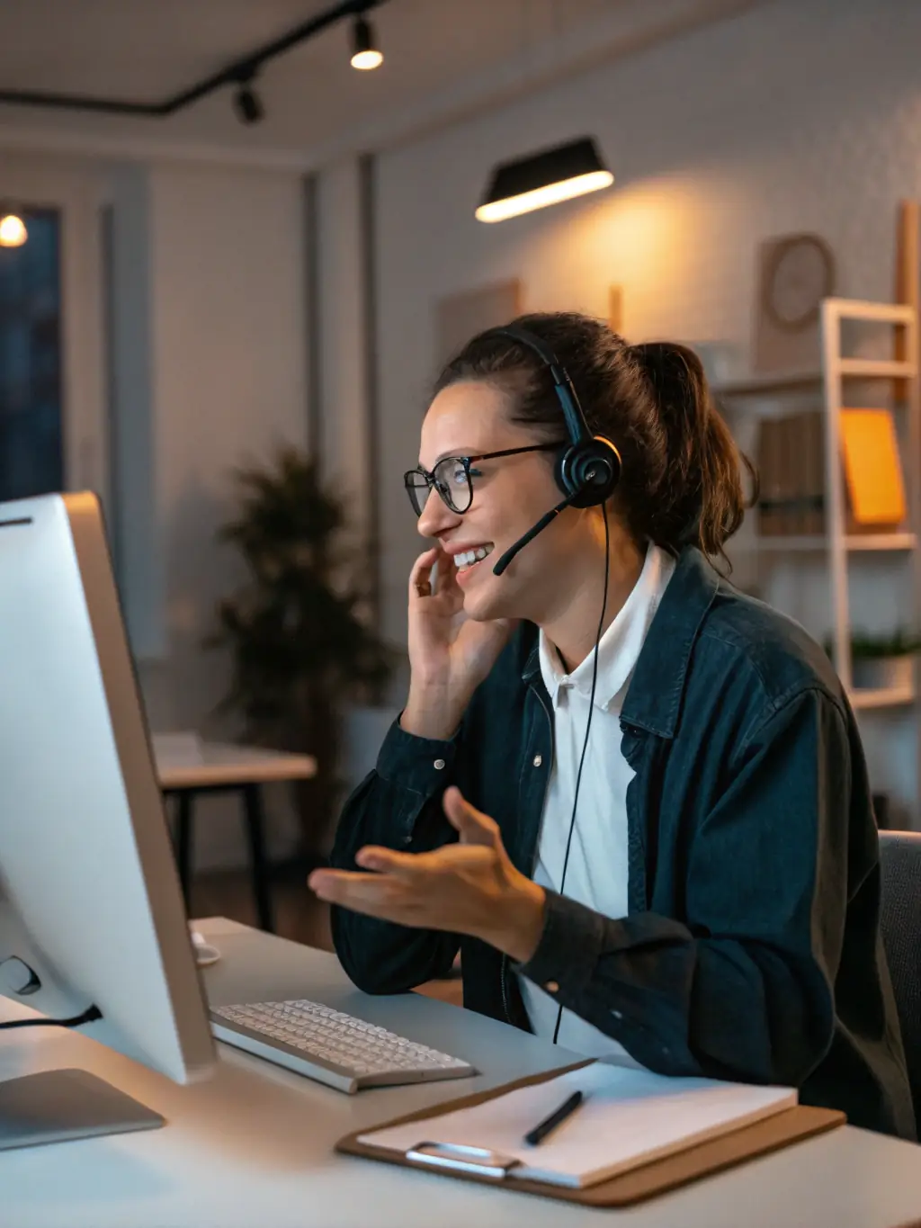 A customer service representative using Northscale's CRM to provide personalized support and resolve issues quickly, with a friendly and helpful demeanor.