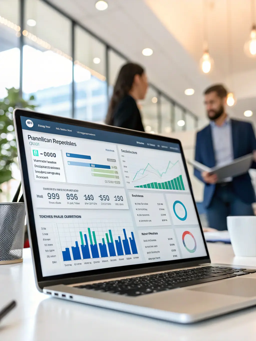 An image of a modern CRM dashboard displaying key performance indicators, customer data, and sales analytics, set in a brightly lit office environment.